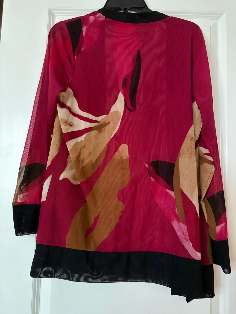 Chico's Magenta Floral Sheer Open Cardigan with Black Trim - Picture 3 of 3